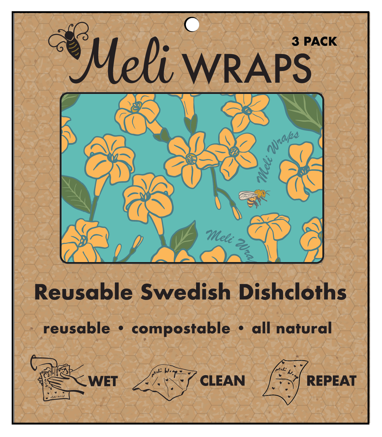 Meli Wraps Puakenikeni & Bee Swedish Dish Cloth Set of 3