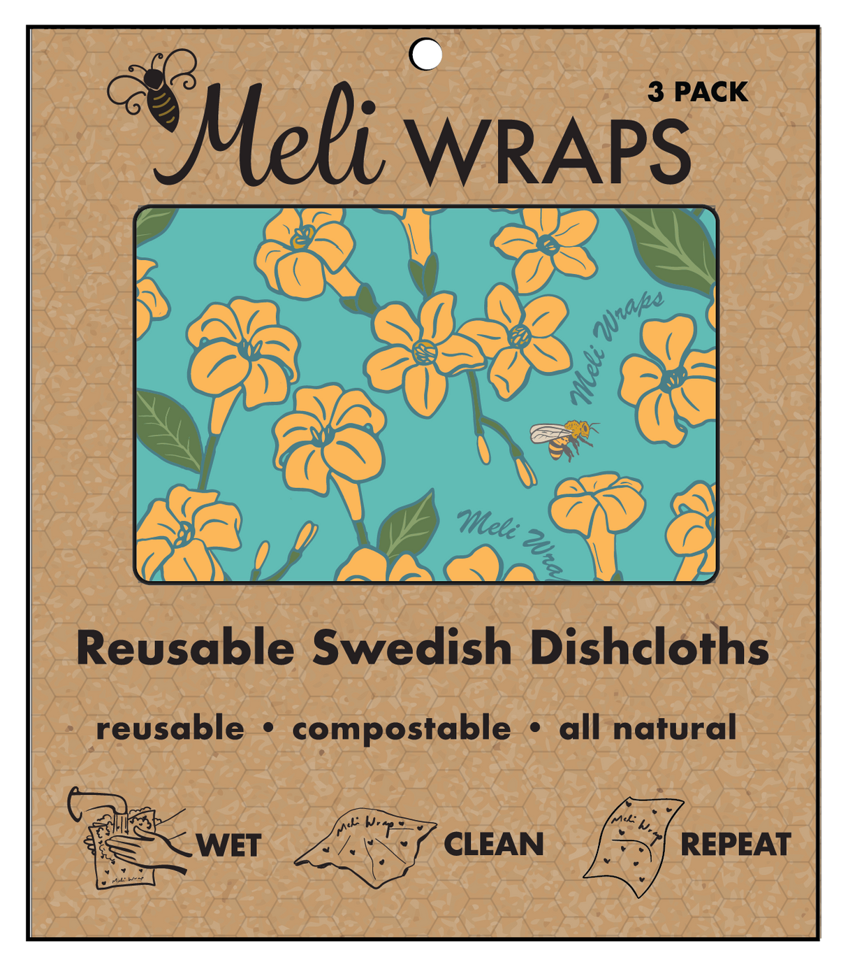 Meli Wraps Puakenikeni & Bee Swedish Dish Cloth Set of 3